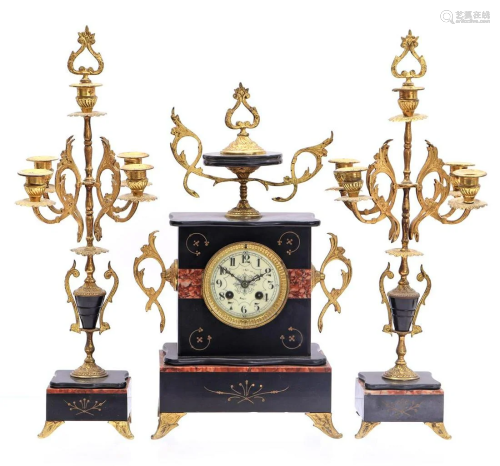 French marble 3-piece mantel clock