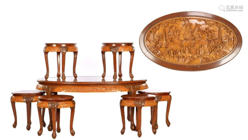 Oriental coffee table and 6 stools