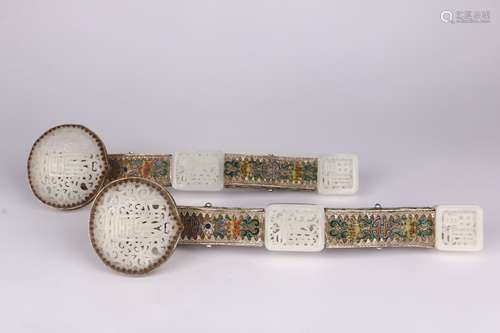 A PAIR OF  SILVER ENAMELLED RUYI SCEPTERS