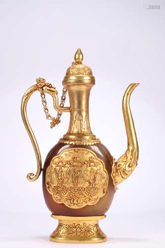 GILT COPPER AGATE WINE POT