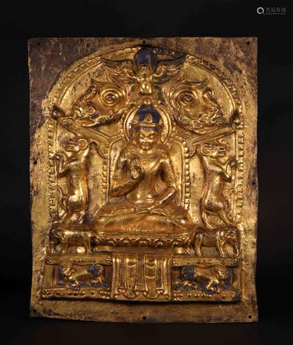 A MING DYNASTY COPPER PLATE GILT AMITAYUS