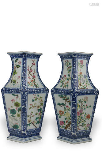 A PAIR OF BLUE-AND-WHITE FAMILLE ROSE VASES