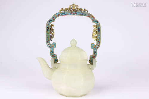 CLOISONNE HETIAN JADE LOOP-HANDLED POT