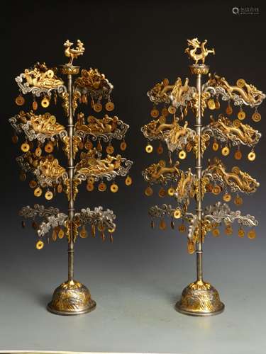 A PAIR OF MING DYNASTY SILVER GILDING MONEY TREES