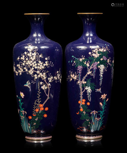 A Pair of Black Ground Cloisonné Vases and A Black