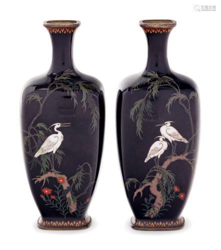 A Pair of Black Ground Cloisonné Vases