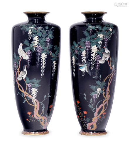 A Pair of Black Ground Cloisonné Vases