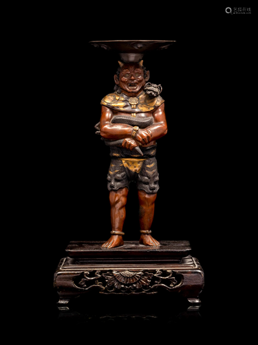 A Patinated and Gilt Bronze Figure of Oni