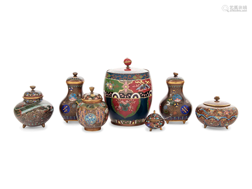 Seven Cloisonné Covered Jars