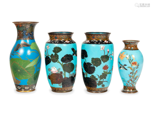 Four Blue Ground Cloisonné Vases