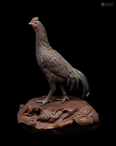 A Patinated-Bronze Okimono of a Cockerel