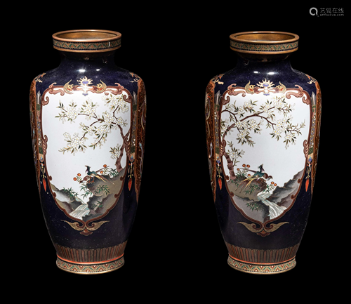 A Pair of Midnight Blue Ground Cloisonné Vases