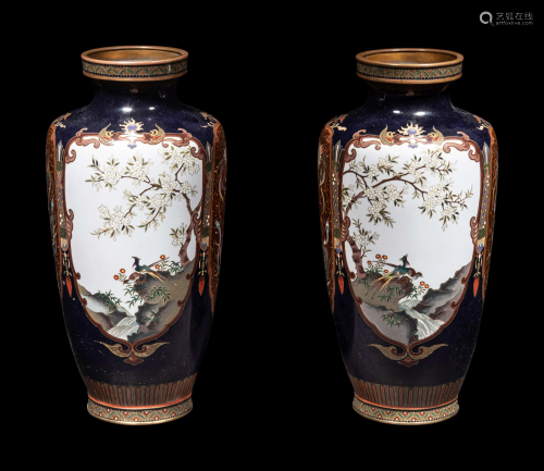 A Pair of Midnight Blue Ground Cloisonné Vases