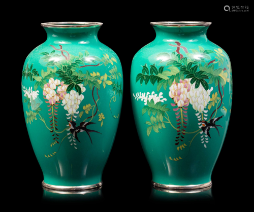 A Pair of Green Ground Cloisonné Vases