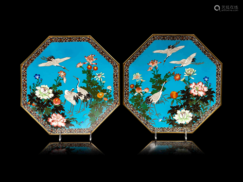 A Pair of Blue Ground Cloisonné Hexagonal Plates