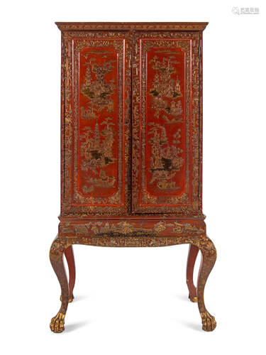 A Large Gilt Decorated Red Lacquered Cabinet on Stand