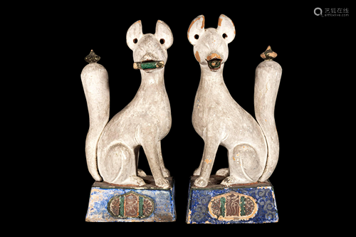 A Pair of Painted Wood Ō-Inari Foxes