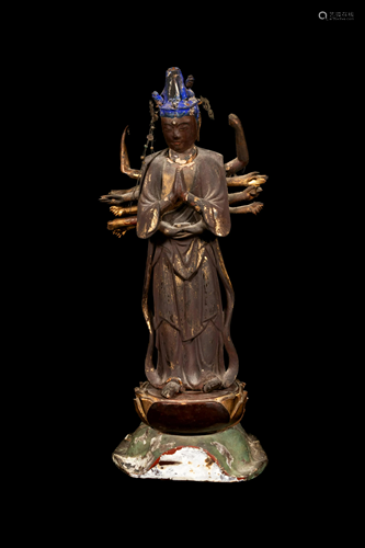 A Gilt and Polychrome Lacquered Wood Figure of Standing