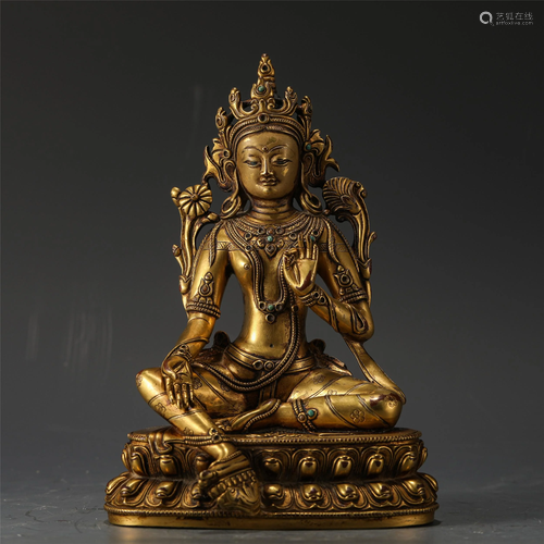 A Hard-Stones Inlaid Gilt Bronze Green Tara