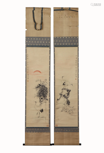 Pair Chinese Painting Hanging scrolls of Cranes