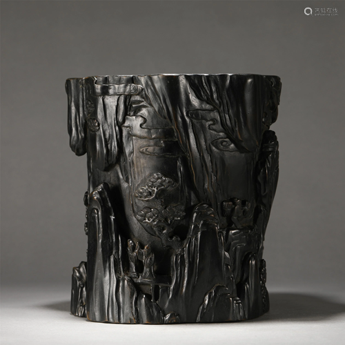 A Chinese Carved Hardwood Figural Brush Pot