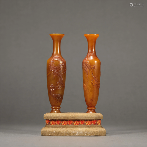 Pair of Carved Tianhuang Dragon and Phoenix Vases