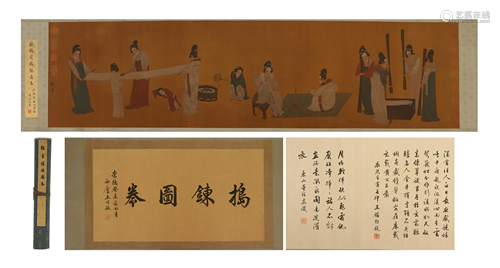 A Chinese Painting Handscroll of Ladies Washing Silk