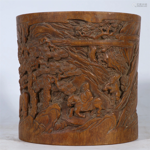 A Chinese Huanghuali Carved Figural Brush Pot