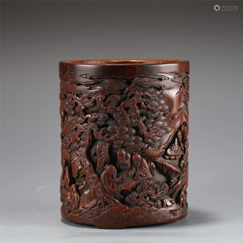 A Chinese Carved Bamboo Figural Story Brush Pot