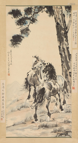 A Chinese Painting Hanging-scroll of Resting Horses