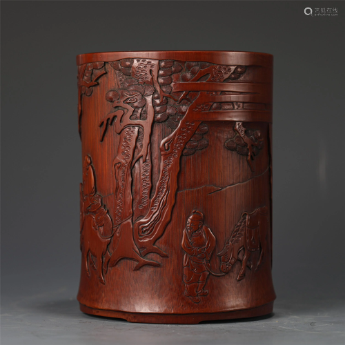 A Chinese Carved Bamboo Figural Brush Pot