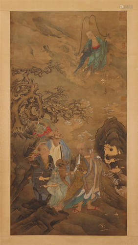 A Chinese Painting Hanging-scroll of Arhats Gathering