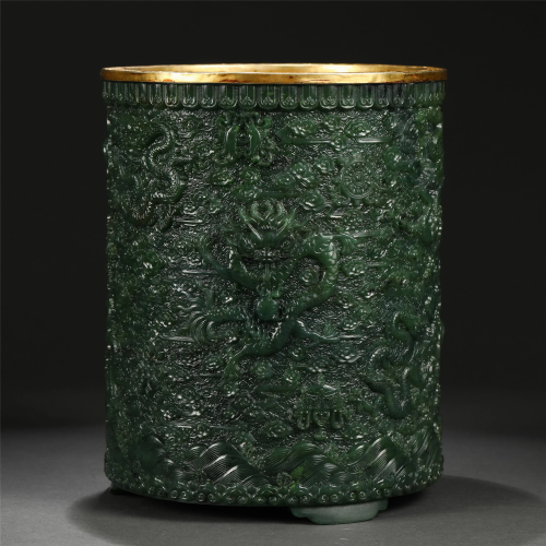 A Chinese Carved Jasper Dragons Brush Pot