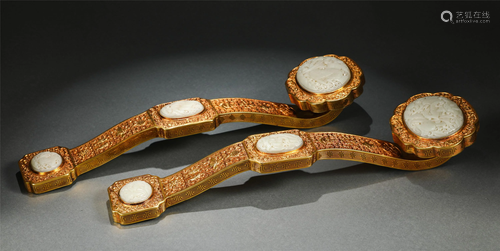 Pair of Chinese Jade Inlaid Gilt Bronze Ruyi