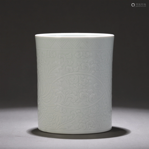 A Chinese Celadon Glaze Floral Brush Pot