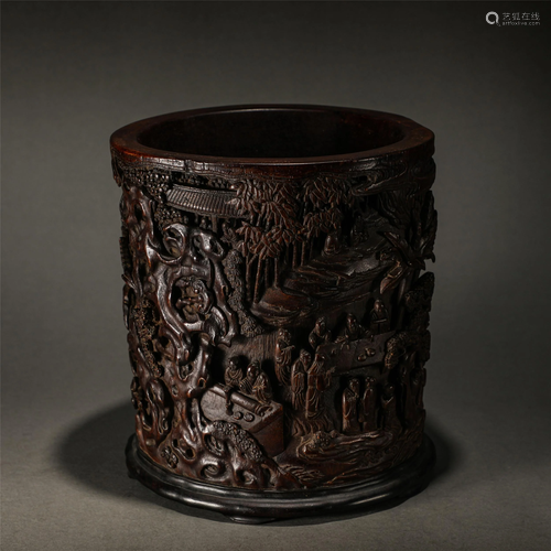 A Chinese Carved Aloes-wood Figural Brush Pot