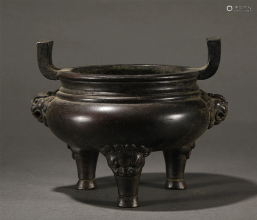 A Chinese Bronze Tripod Censer with Beast Handles