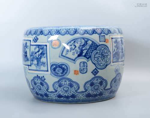 Blue and White Jardiniere with Landscape Painting