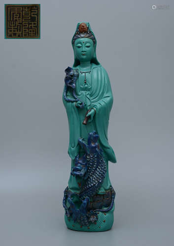 Qianlong Turquoise Glazed Figure of Guanyin