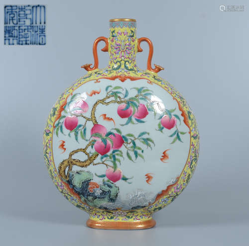 Qianlong Famille Rose Gilt Peach Moon Flask