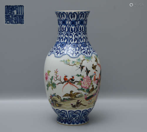 Qianlong Blue and White Famille Rose Bird-and-Flower Vase