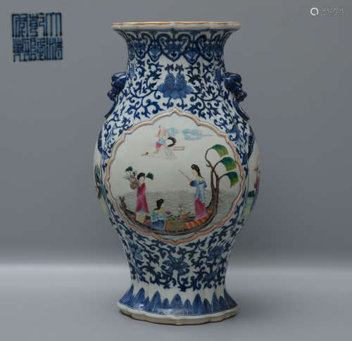 Qianlong Blue and White Figure Vase with Lion Handles