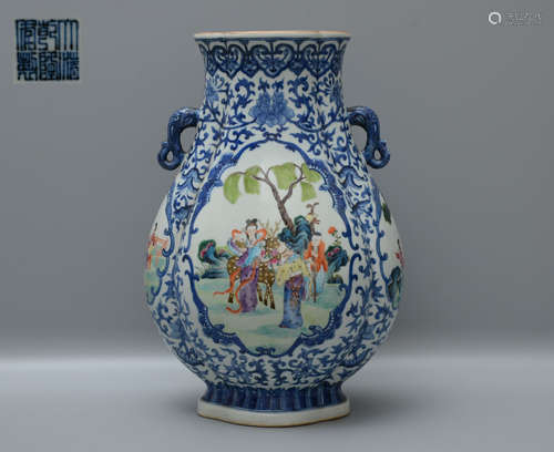 Qianlong Blue and White Figure Vase with Elephant Handles