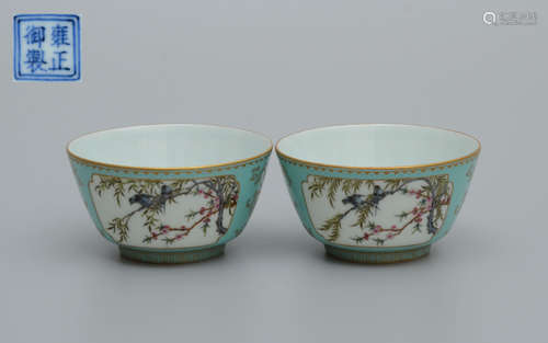 A Pair of Yongzheng Turquoise Glazed Gilt Bird-and-Flower Bo...