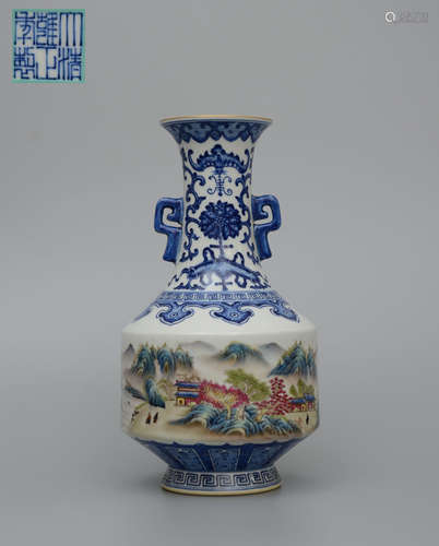 Qianlong Flamille Rose Landscape Handles Vase