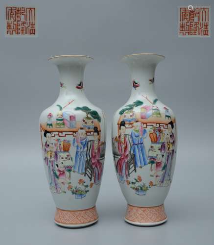 A Pair of Qianlong Famille Rose Figure Vase