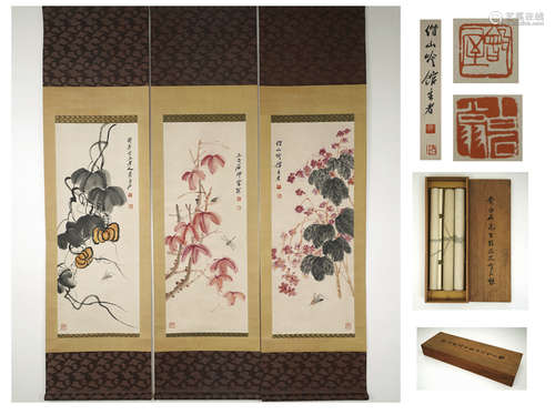 Chinese Three Screens Flower Paintings by Qi Baishi