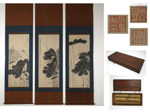 Chinese Three Screens Lotus Painting by Zhang Daqian