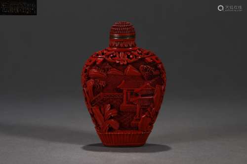 CINNABAR LACQUER RELIEF-DECORATED LANDSCAPE SNUFF BOTTLE