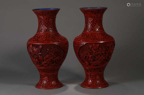 PAIR OF CARVED CINNABAR LACQUER VASES